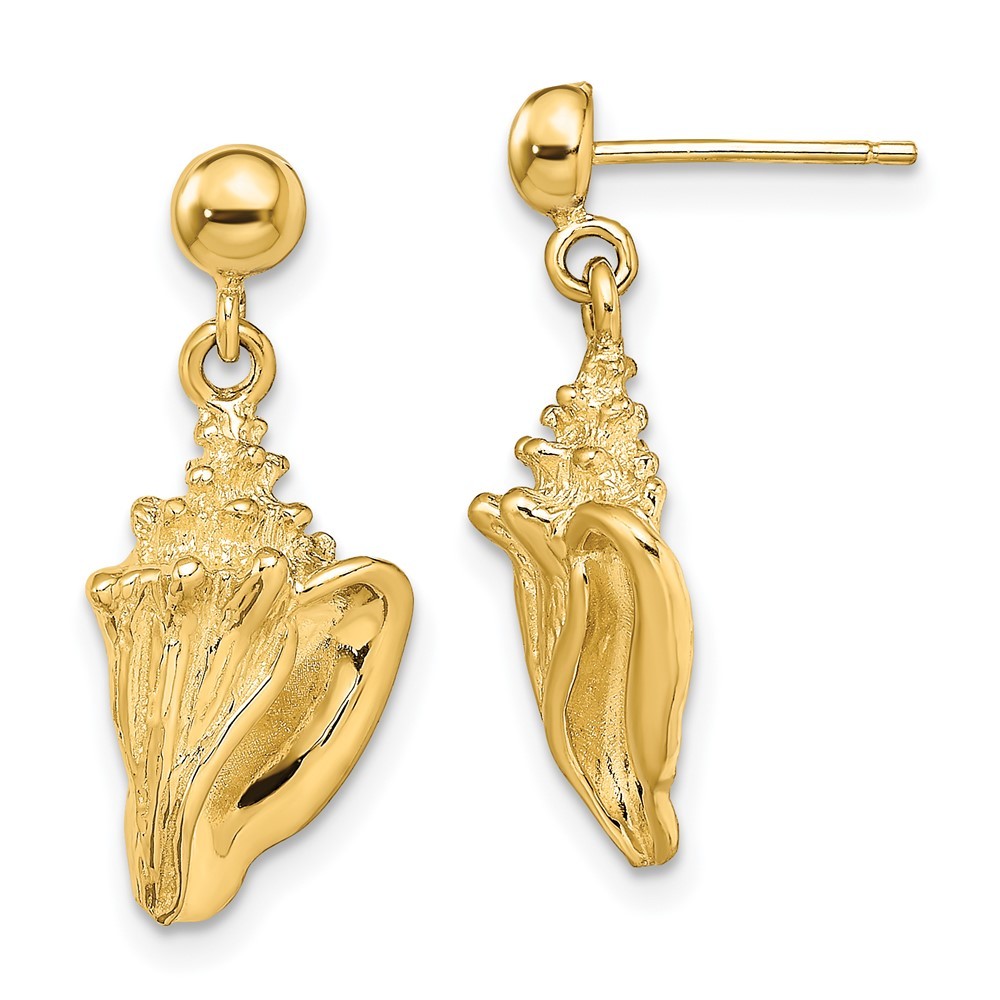 14k Yellow Gold Conch Shell Dangle Drop Earrings
